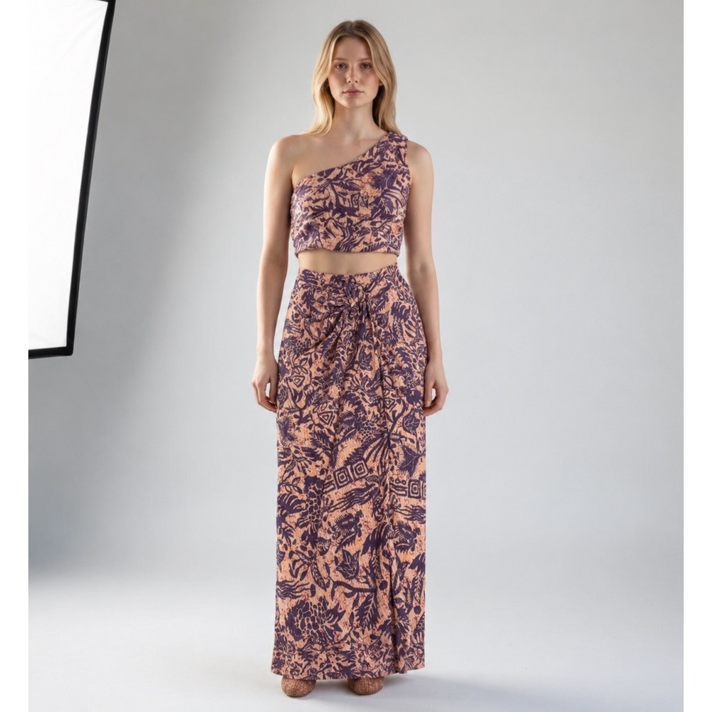 Zara Two Piece Set One Shoulder Top and Maxi Skirt Purple Coral Print Size M
